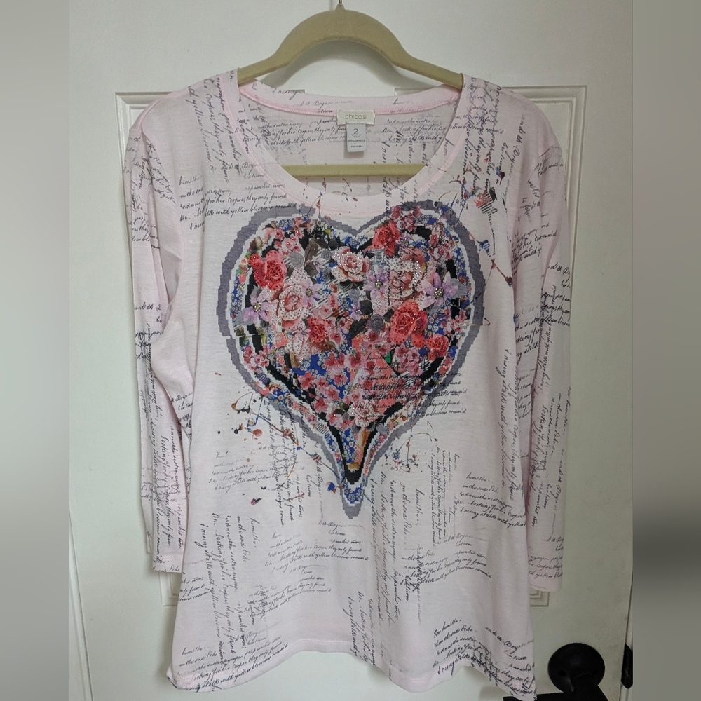 Chico's Pink Floral Heart Long Sleeve Top